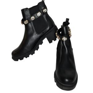 Mata Faux Leather Jeweled Embellished Pull On Chunky Heel Ankle Boot Sz 11 NWOB